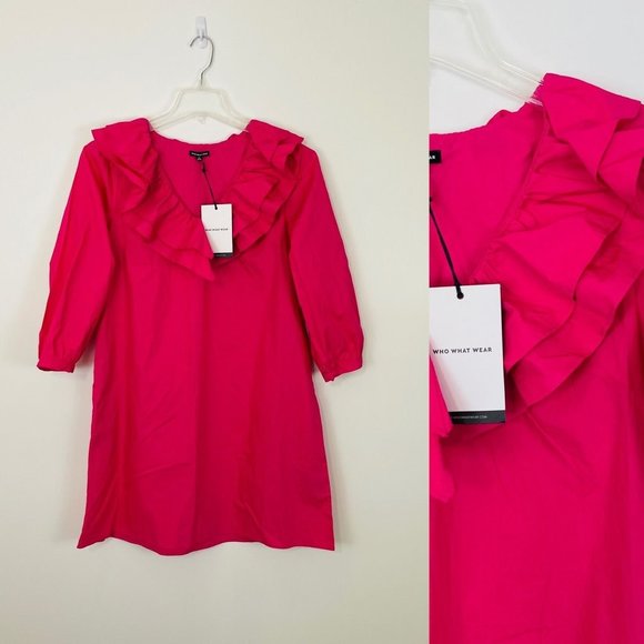 Who What Wear Women's Dress Medium Mini Pink Ruffle Long Sleeve V-neck New - Picture 1 of 10